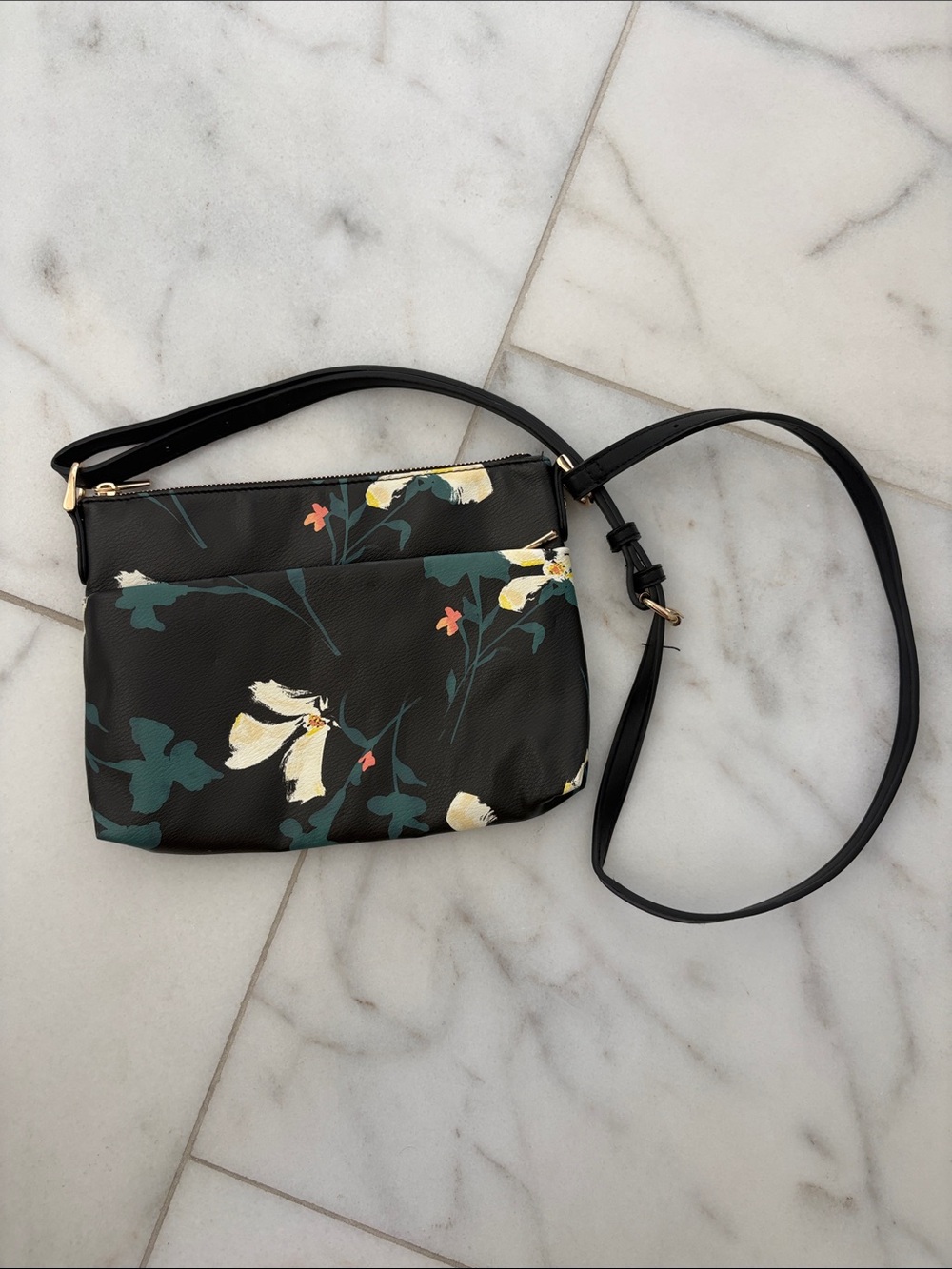 a new day Black Floral Crossbody with Cream, Green & Coral Accents